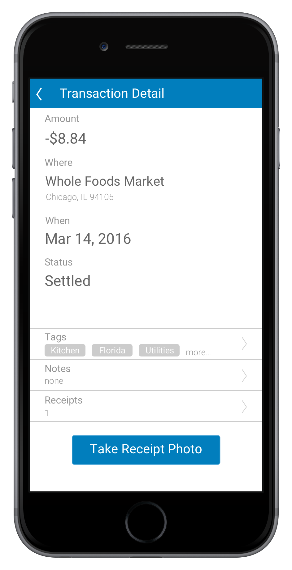 Bento mobile — the fully documented transaction: tagged Kitchen, Florida, and Utilities with a receipt attached